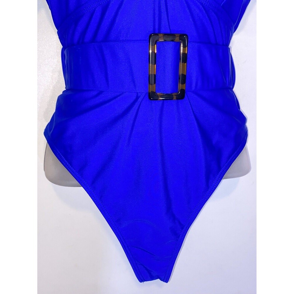 Shein One Piece Swimsuit LG Royal Blue Belted Ruffles High Cut Vacation Sexy - Picture 4 of 6